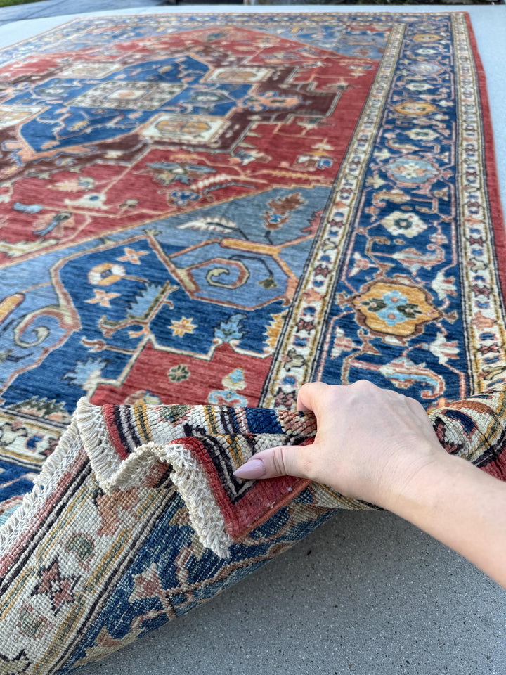 9x13 Handmade Afghan Wool Rug | Red Blue Geometric Medallion Rug | Hand-Knotted Traditional Area Rug