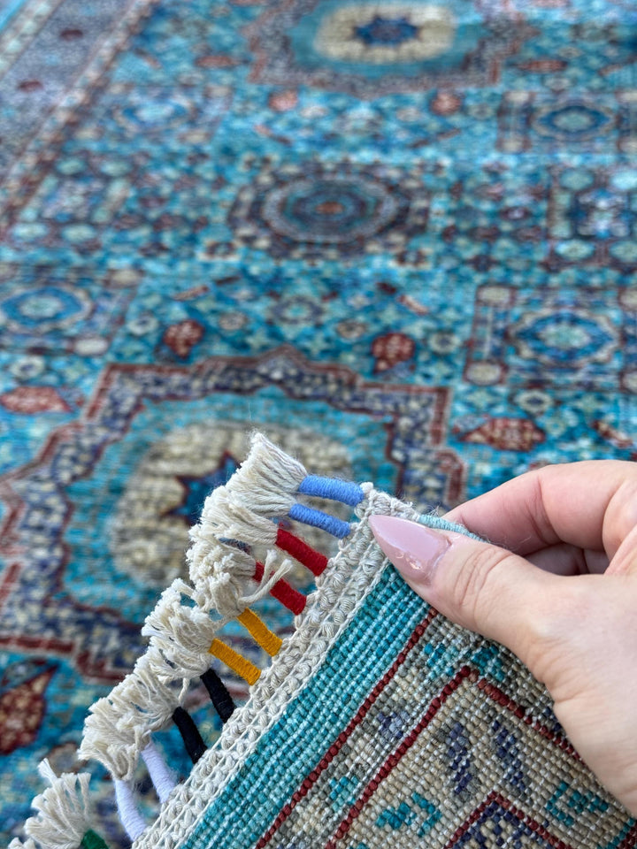 3x13 Handmade Afghan Wool Runner Rug | Turquoise Blue Geometric Medallion Rug | Hand-Knotted Hallway Runner