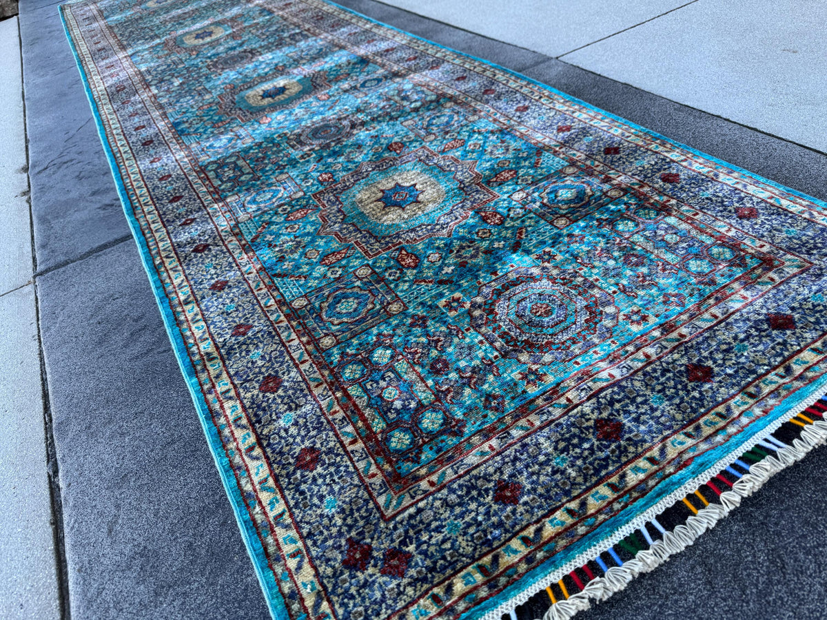 3x13 Handmade Afghan Wool Runner Rug | Turquoise Blue Geometric Medallion Rug | Hand-Knotted Hallway Runner