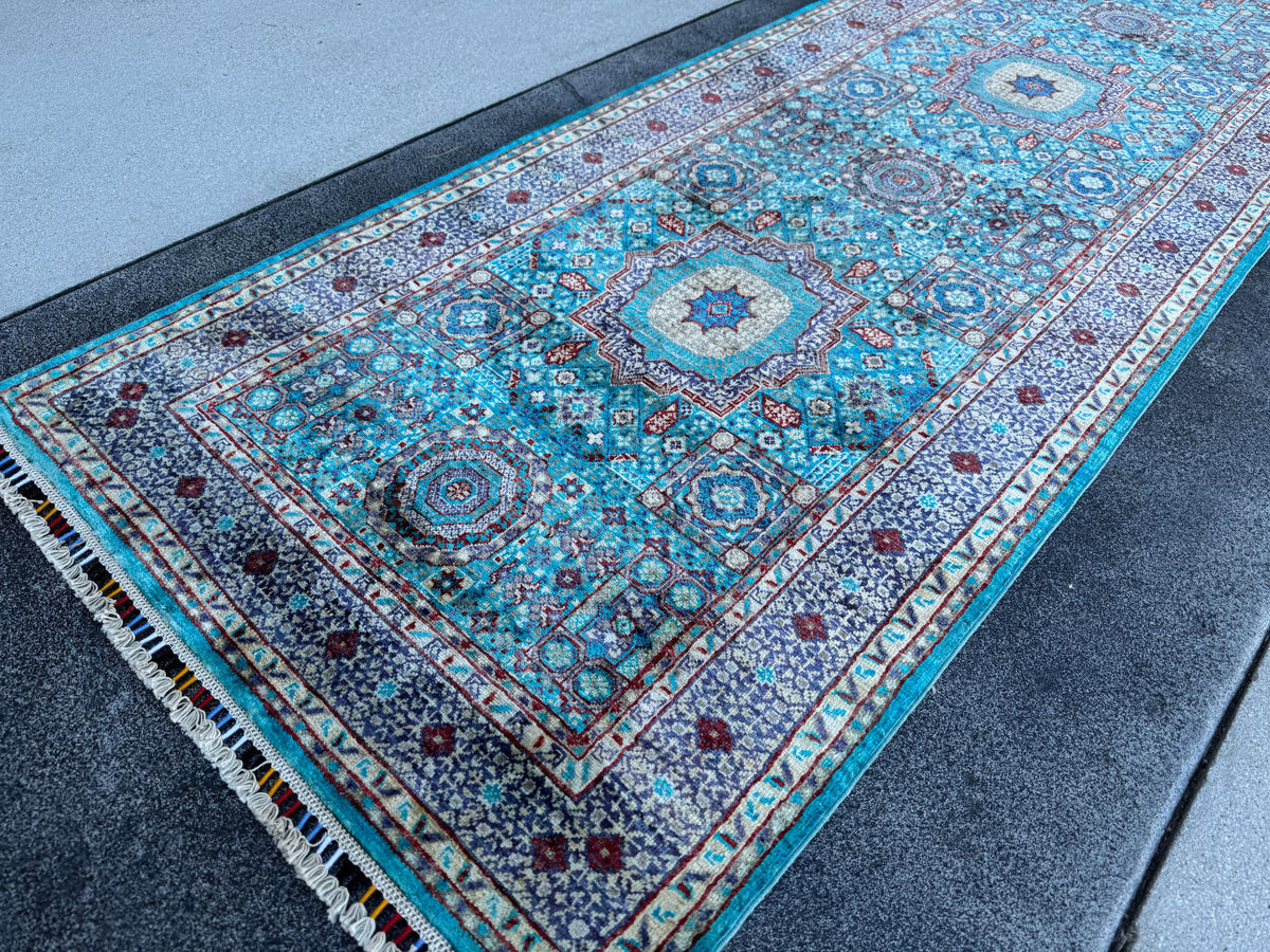 3x13 Handmade Afghan Wool Runner Rug | Turquoise Blue Geometric Medallion Rug | Hand-Knotted Hallway Runner