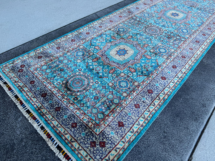 3x13 Handmade Afghan Wool Runner Rug | Turquoise Blue Geometric Medallion Rug | Hand-Knotted Hallway Runner