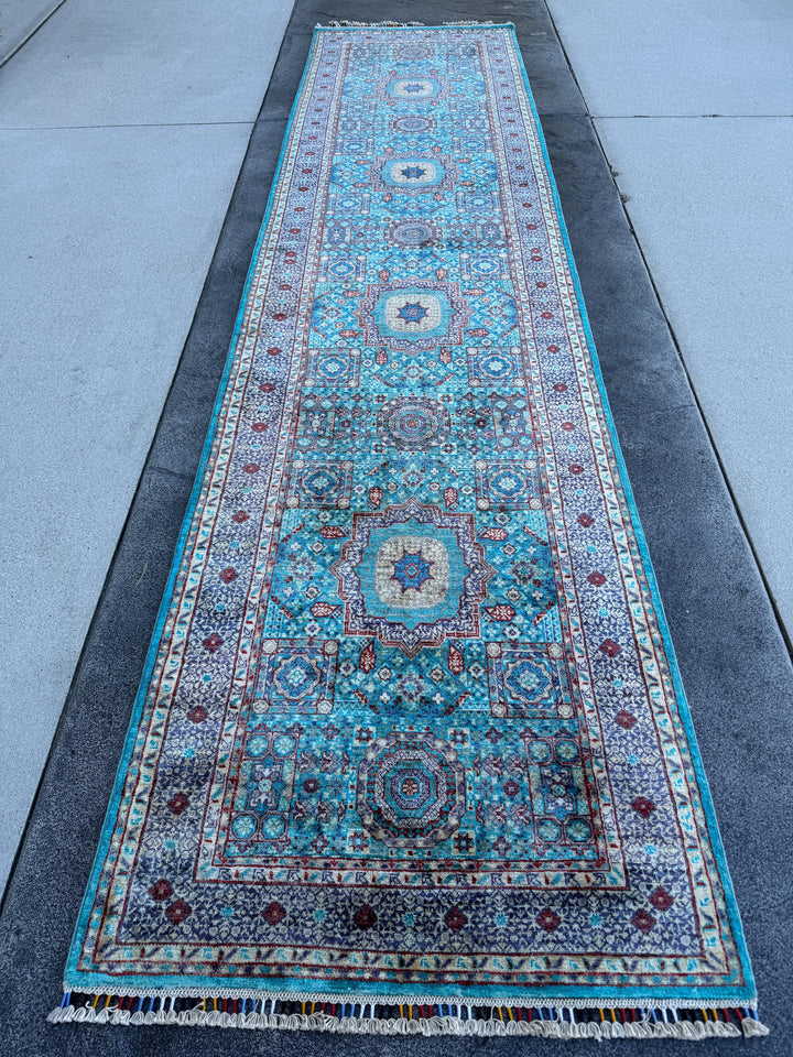 3x13 Handmade Afghan Wool Runner Rug | Turquoise Blue Geometric Medallion Rug | Hand-Knotted Hallway Runner