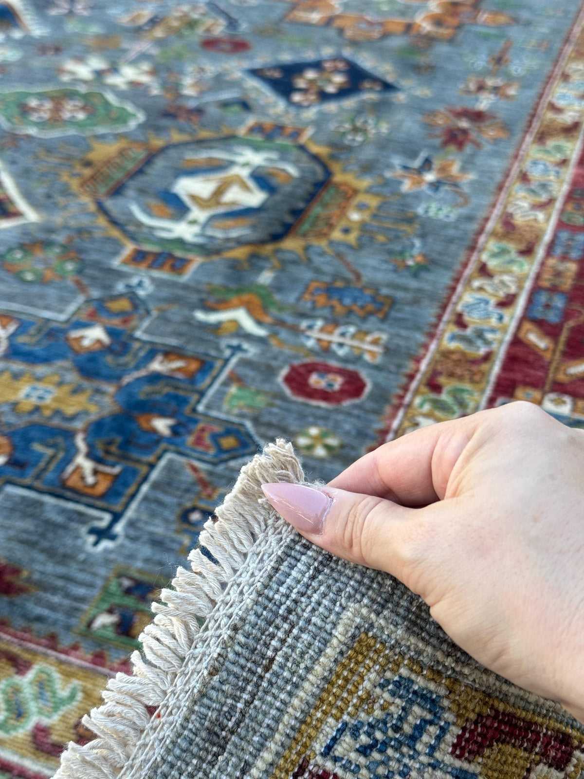 9x13 Handmade Afghan Wool Rug | Blue Red Geometric Area Rug | Hand-Knotted Traditional Afghan Rug