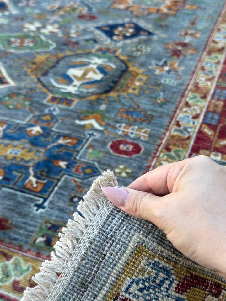 9x13 Handmade Afghan Wool Rug | Blue Red Geometric Area Rug | Hand-Knotted Traditional Afghan Rug