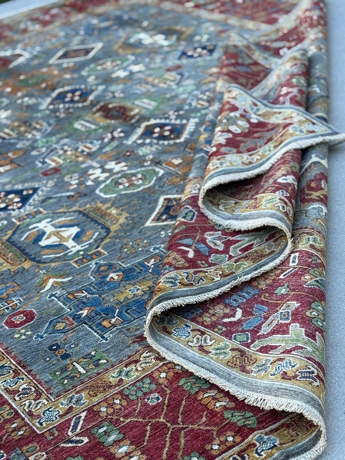 9x13 Handmade Afghan Wool Rug | Blue Red Geometric Area Rug | Hand-Knotted Traditional Afghan Rug