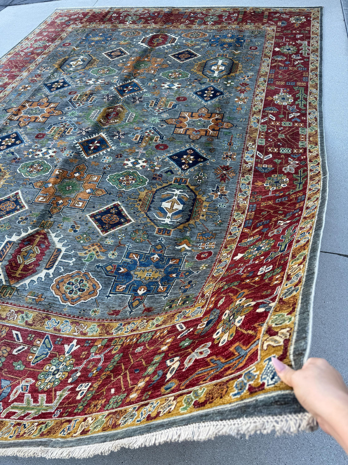 9x13 Handmade Afghan Wool Rug | Blue Red Geometric Area Rug | Hand-Knotted Traditional Afghan Rug