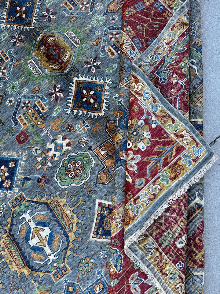 9x13 Handmade Afghan Wool Rug | Blue Red Geometric Area Rug | Hand-Knotted Traditional Afghan Rug