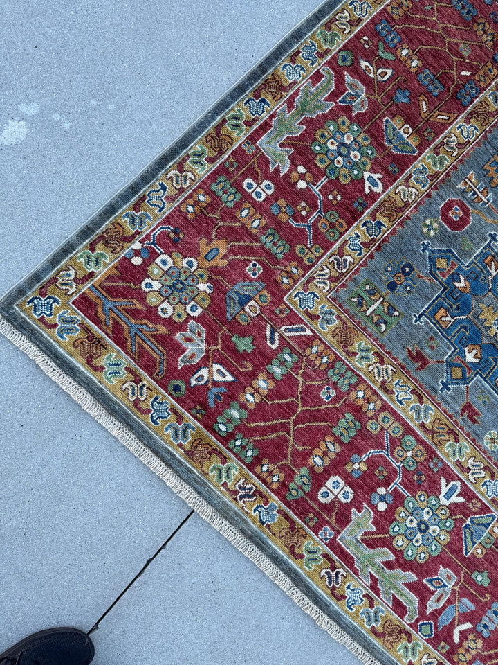 9x13 Handmade Afghan Wool Rug | Blue Red Geometric Area Rug | Hand-Knotted Traditional Afghan Rug