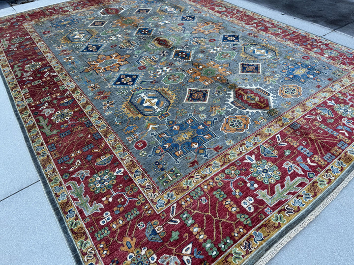 9x13 Handmade Afghan Wool Rug | Blue Red Geometric Area Rug | Hand-Knotted Traditional Afghan Rug