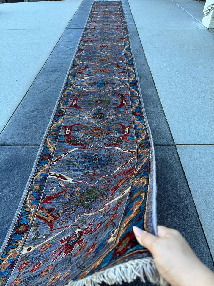 3x22 Handmade Afghan Wool Runner Rug | Blue Floral Hallway Rug | Hand-Knotted Traditional Long Runner