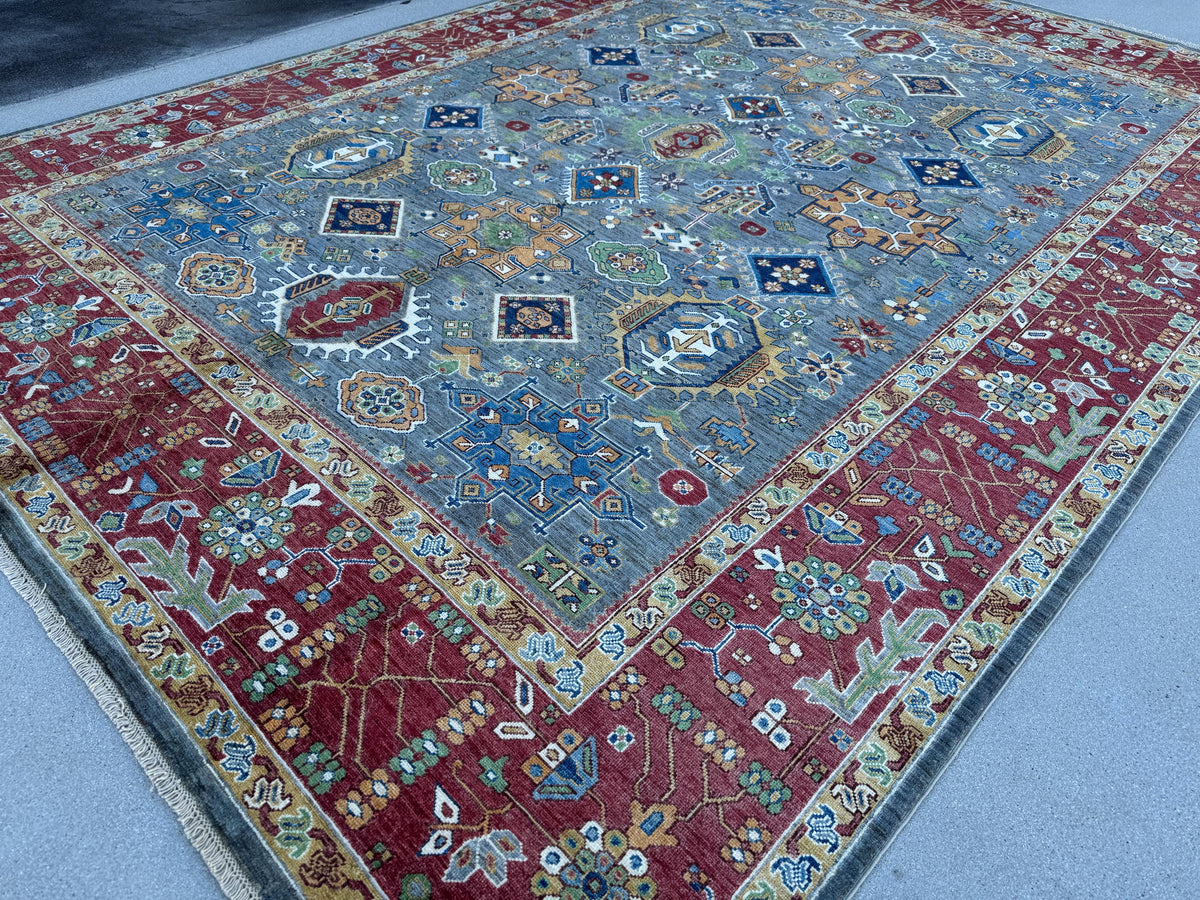9x13 Handmade Afghan Wool Rug | Blue Red Geometric Area Rug | Hand-Knotted Traditional Afghan Rug