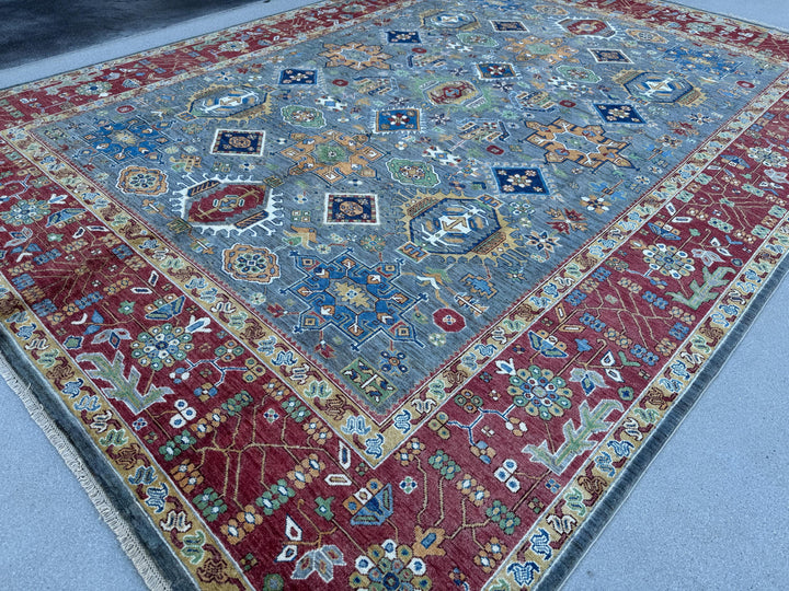 9x13 Handmade Afghan Wool Rug | Blue Red Geometric Area Rug | Hand-Knotted Traditional Afghan Rug