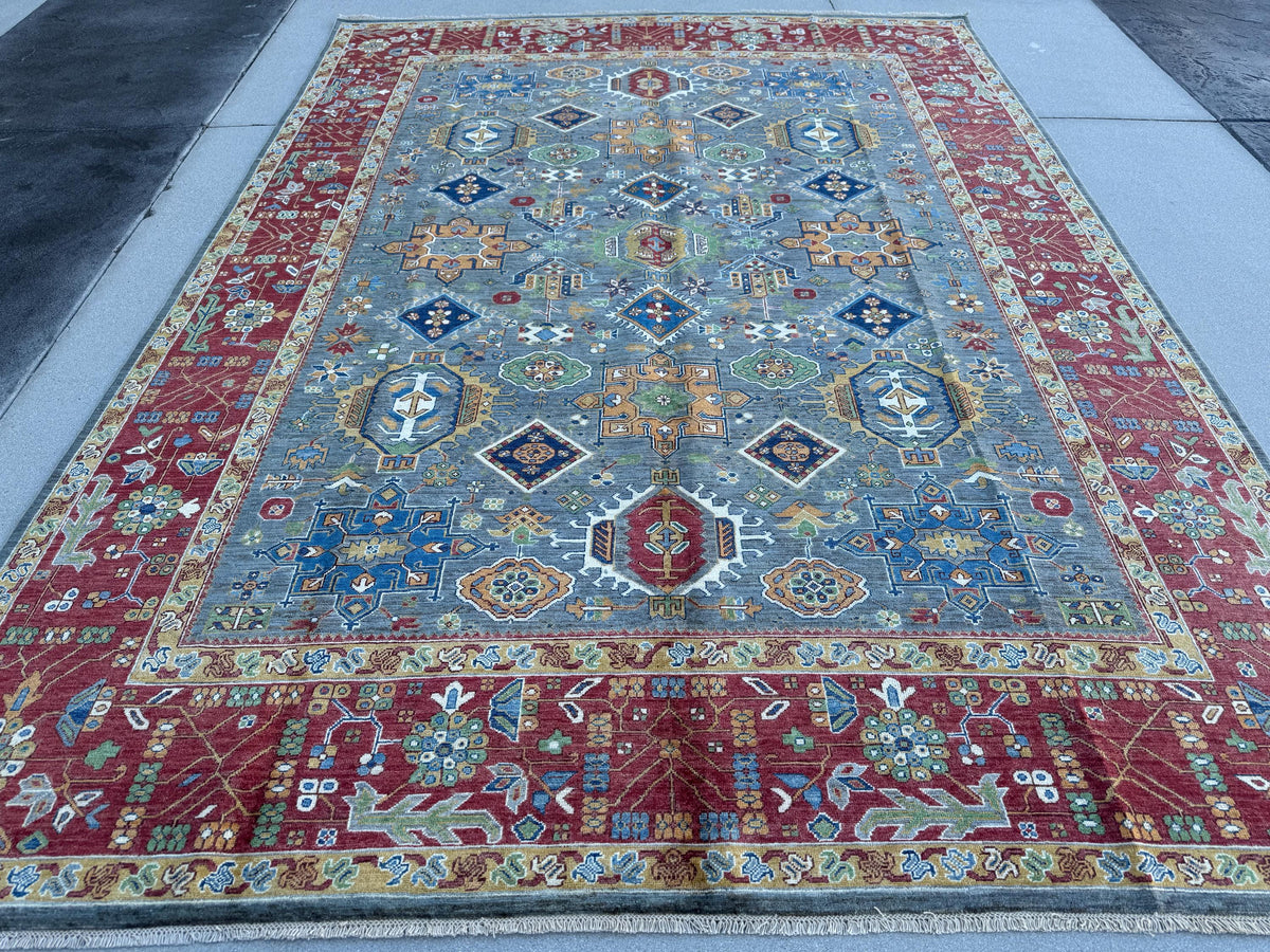9x13 Handmade Afghan Wool Rug | Blue Red Geometric Area Rug | Hand-Knotted Traditional Afghan Rug
