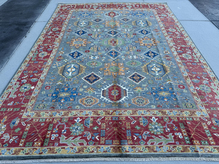 9x13 Handmade Afghan Wool Rug | Blue Red Geometric Area Rug | Hand-Knotted Traditional Afghan Rug