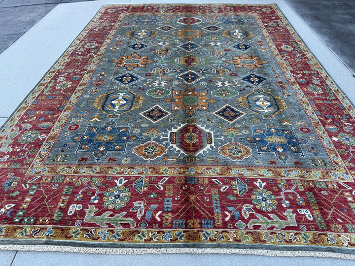 9x13 Handmade Afghan Wool Rug | Blue Red Geometric Area Rug | Hand-Knotted Traditional Afghan Rug