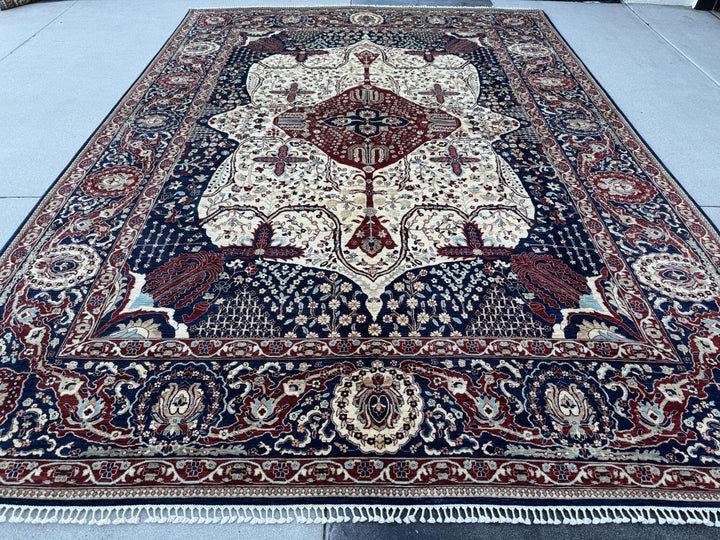 10x14 Handmade Afghan Wool Rug | Navy and Ivory Medallion Area Rug | Hand-Knotted Traditional Carpet | Formal Living Room Decor