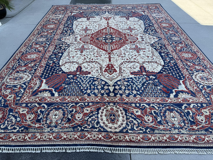 10x14 Handmade Afghan Wool Rug | Navy and Ivory Medallion Area Rug | Hand-Knotted Traditional Carpet | Formal Living Room Decor