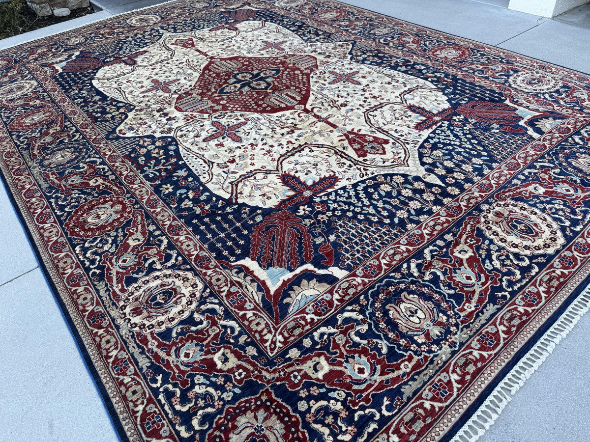 10x14 Handmade Afghan Wool Rug | Navy and Ivory Medallion Area Rug | Hand-Knotted Traditional Carpet | Formal Living Room Decor