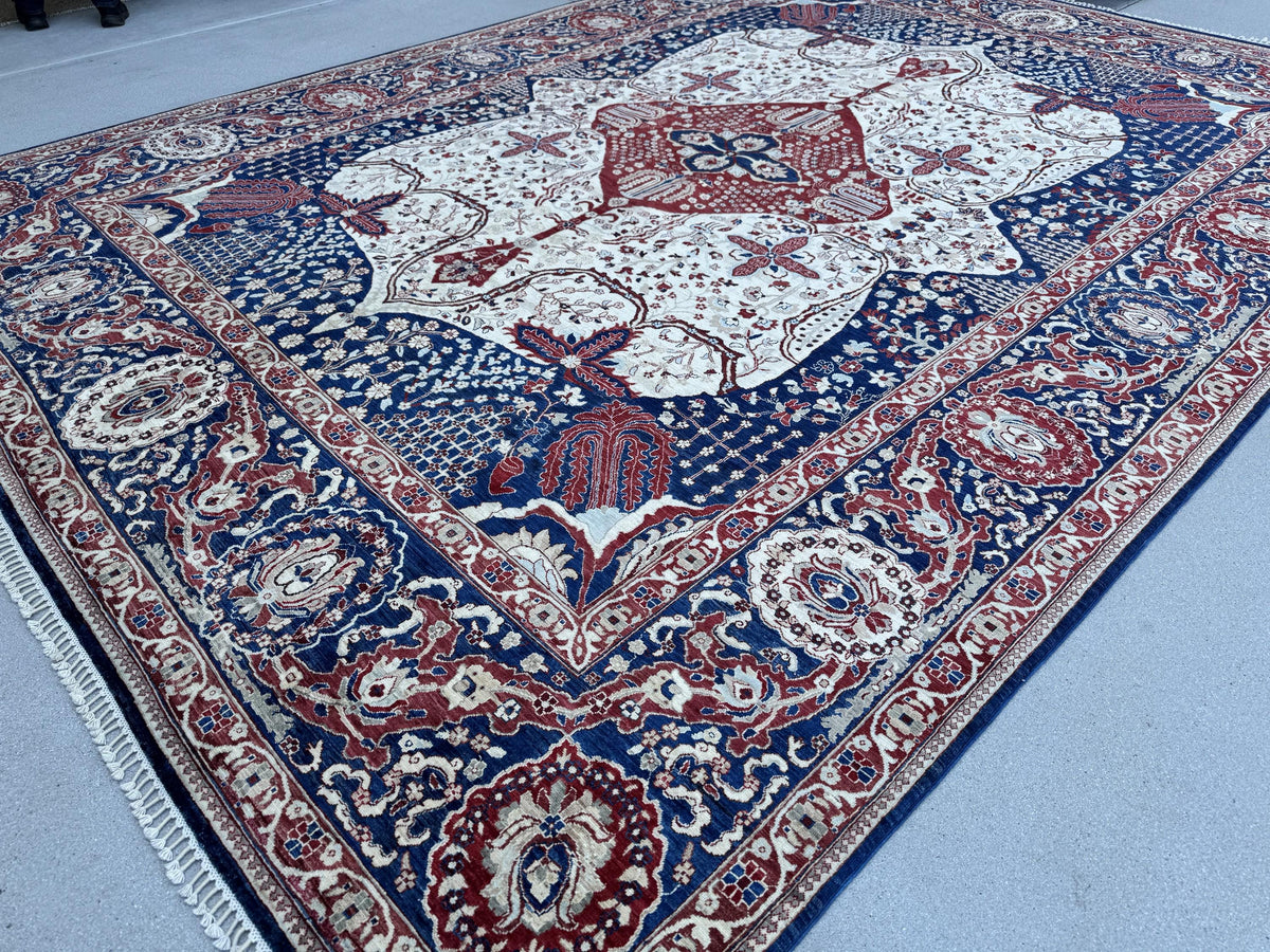10x14 Handmade Afghan Wool Rug | Navy and Ivory Medallion Area Rug | Hand-Knotted Traditional Carpet | Formal Living Room Decor