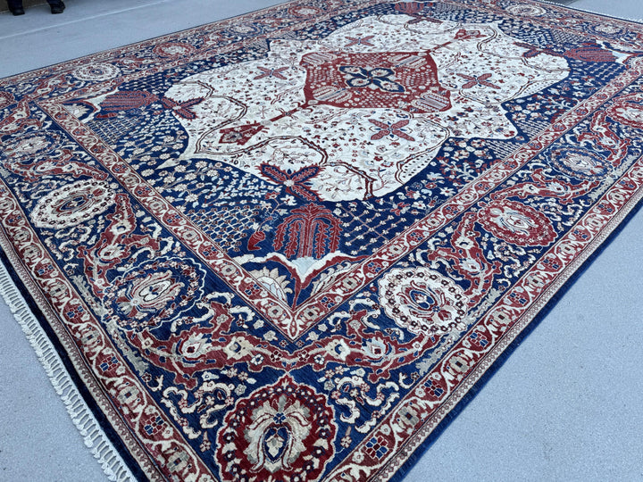 10x14 Handmade Afghan Wool Rug | Navy and Ivory Medallion Area Rug | Hand-Knotted Traditional Carpet | Formal Living Room Decor