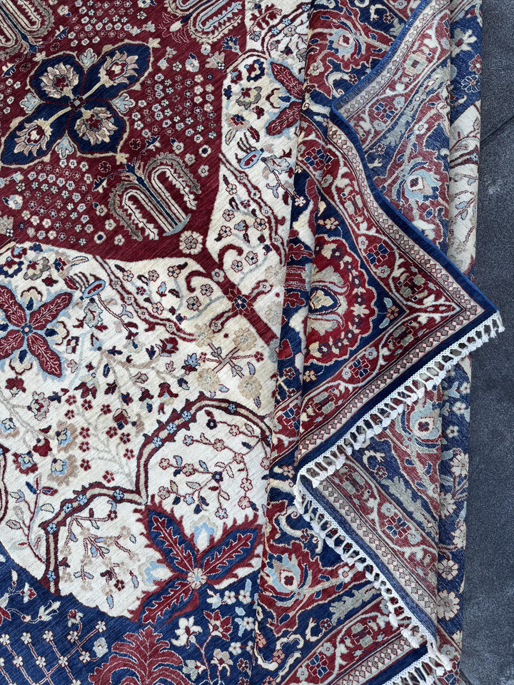 10x14 Handmade Afghan Wool Rug | Navy and Ivory Medallion Area Rug | Hand-Knotted Traditional Carpet | Formal Living Room Decor