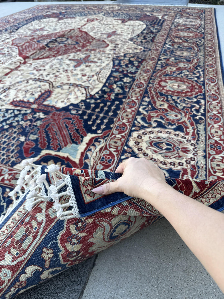 10x14 Handmade Afghan Wool Rug | Navy and Ivory Medallion Area Rug | Hand-Knotted Traditional Carpet | Formal Living Room Decor