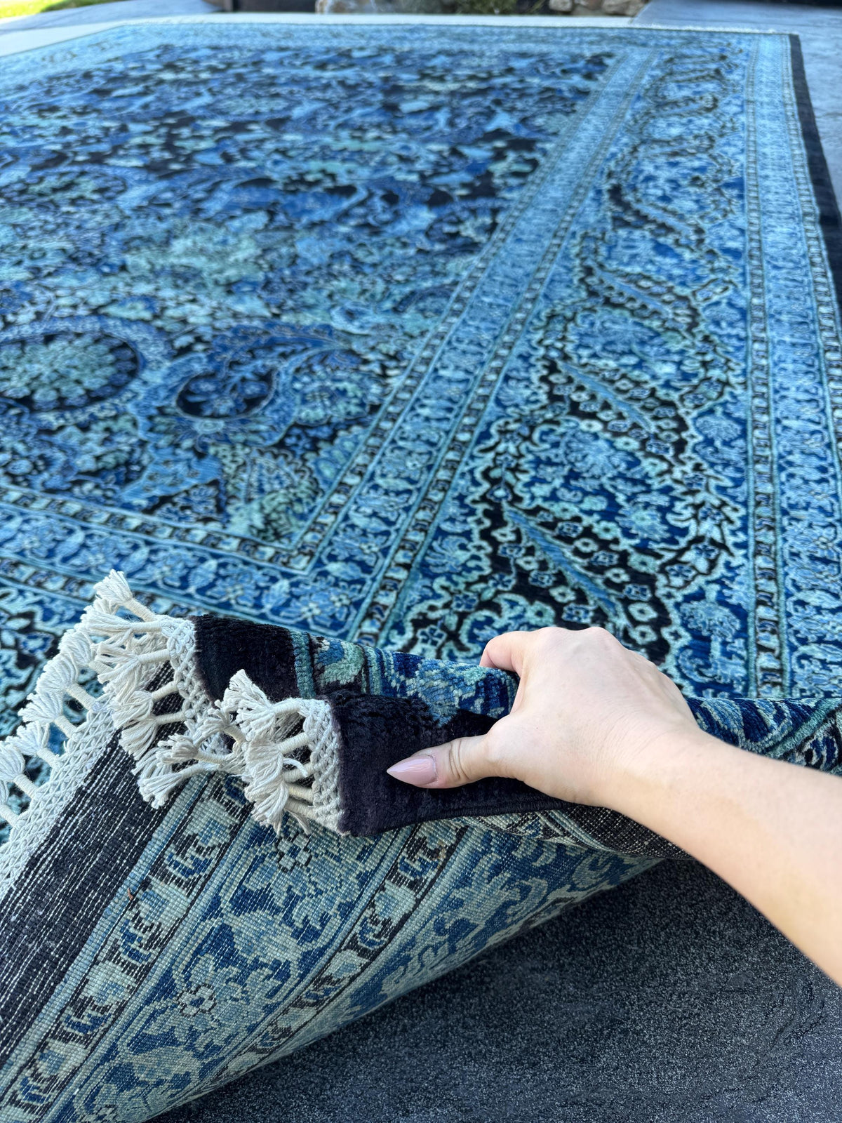 12x15 Handmade Afghan Wool Rug | Navy Blue Floral Rug | Large Traditional Botanical Area Rug