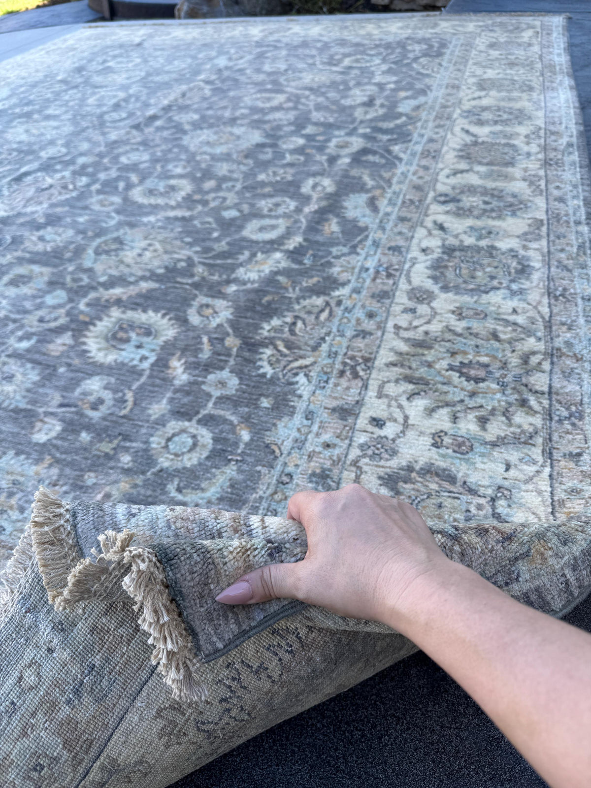 10x10 Handmade Afghan Wool Rug | Grey Oushak Floral Rug | Neutral Square Traditional Area Rug
