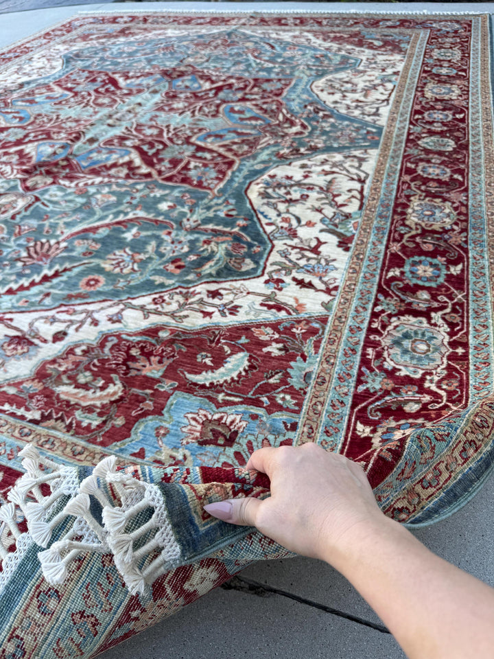 8x10 Handmade Afghan Wool Rug | Burgundy & Blue Floral Medallion Rug | Traditional Area Rug