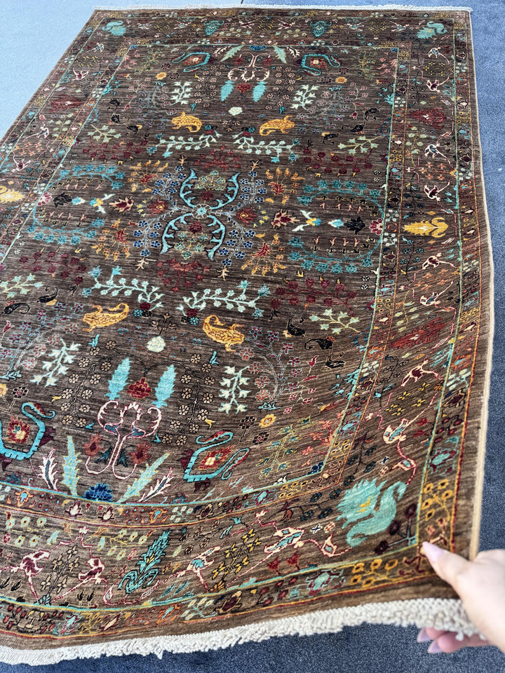 6x8 Handmade Afghan Wool Rug | Chocolate Brown Floral Garden Area Rug | Turquoise and Gold Accents | Hand-Knotted Traditional Carpet