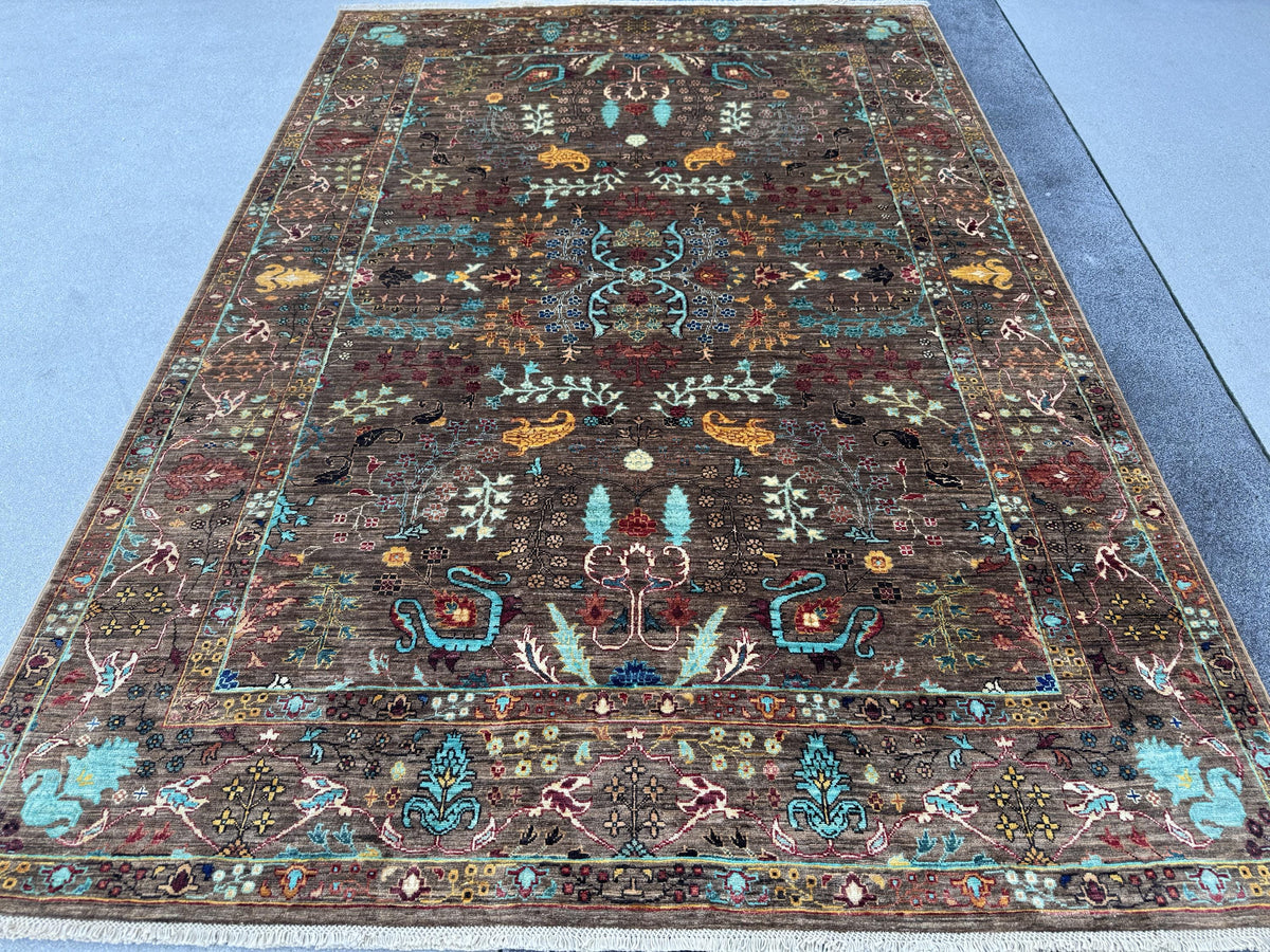 6x8 Handmade Afghan Wool Rug | Chocolate Brown Floral Garden Area Rug | Turquoise and Gold Accents | Hand-Knotted Traditional Carpet