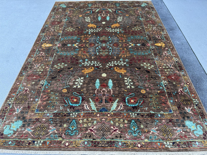 6x8 Handmade Afghan Wool Rug | Chocolate Brown Floral Garden Area Rug | Turquoise and Gold Accents | Hand-Knotted Traditional Carpet