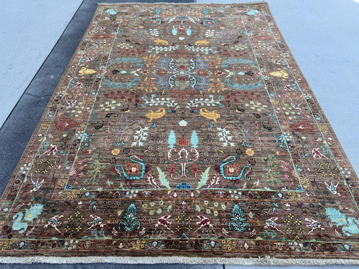 6x8 Handmade Afghan Wool Rug | Chocolate Brown Floral Garden Area Rug | Turquoise and Gold Accents | Hand-Knotted Traditional Carpet