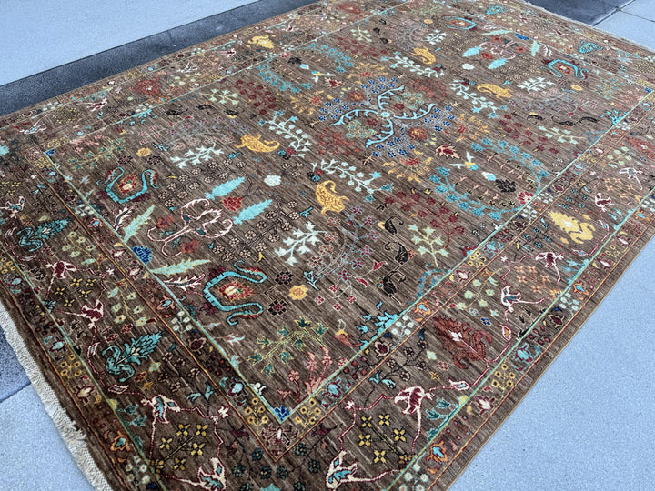 6x8 Handmade Afghan Wool Rug | Chocolate Brown Floral Garden Area Rug | Turquoise and Gold Accents | Hand-Knotted Traditional Carpet