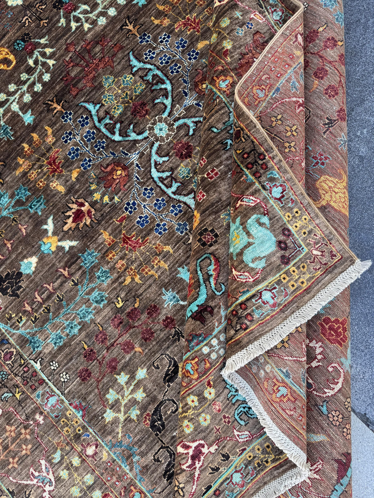 6x8 Handmade Afghan Wool Rug | Chocolate Brown Floral Garden Area Rug | Turquoise and Gold Accents | Hand-Knotted Traditional Carpet
