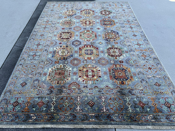 6x8 Handmade Afghan Wool Rug | Slate Blue Geometric Medallion Area Rug | Rust and Ivory Accents | Hand-Knotted Tribal Carpet