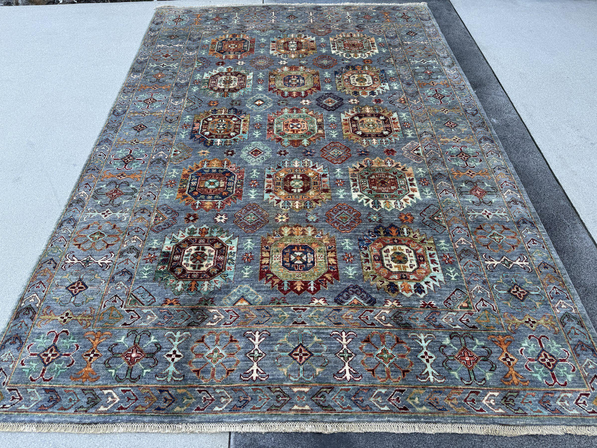 6x8 Handmade Afghan Wool Rug | Slate Blue Geometric Medallion Area Rug | Rust and Ivory Accents | Hand-Knotted Tribal Carpet