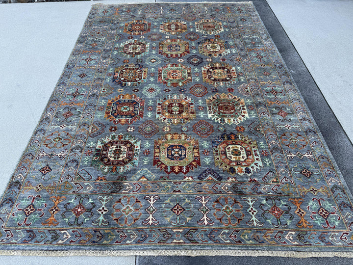 6x8 Handmade Afghan Wool Rug | Slate Blue Geometric Medallion Area Rug | Rust and Ivory Accents | Hand-Knotted Tribal Carpet