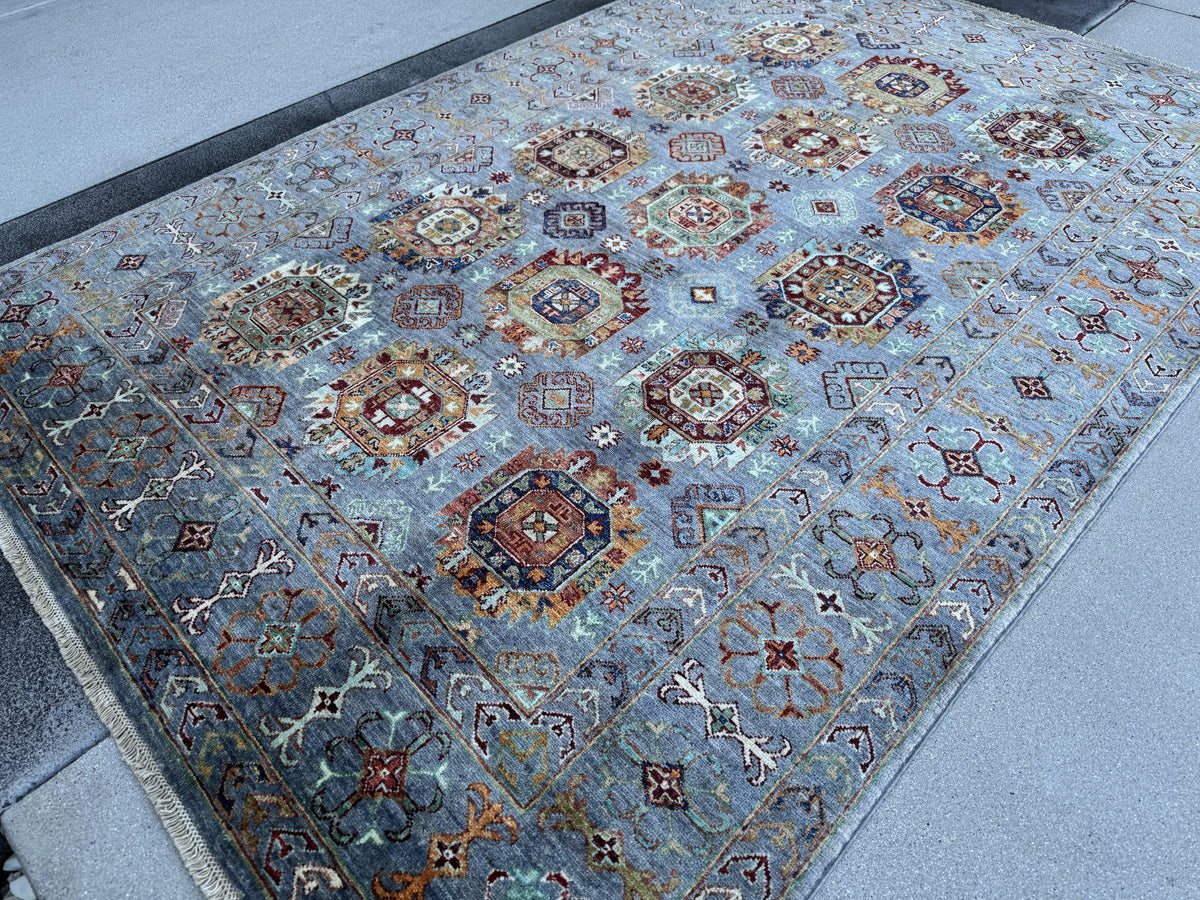 6x8 Handmade Afghan Wool Rug | Slate Blue Geometric Medallion Area Rug | Rust and Ivory Accents | Hand-Knotted Tribal Carpet