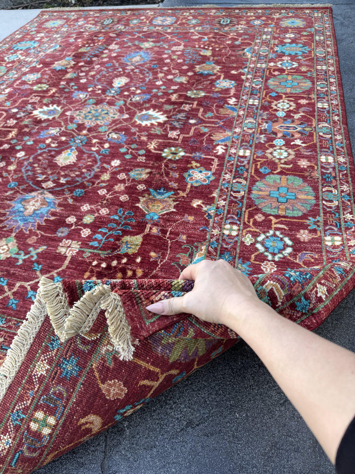 6x8 Handmade Afghan Wool Rug | Crimson Red Floral Area Rug | Turquoise and Ivory Accents | Hand-Knotted Traditional Carpet