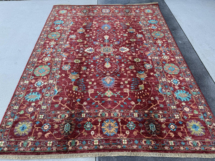 6x8 Handmade Afghan Wool Rug | Crimson Red Floral Area Rug | Turquoise and Ivory Accents | Hand-Knotted Traditional Carpet