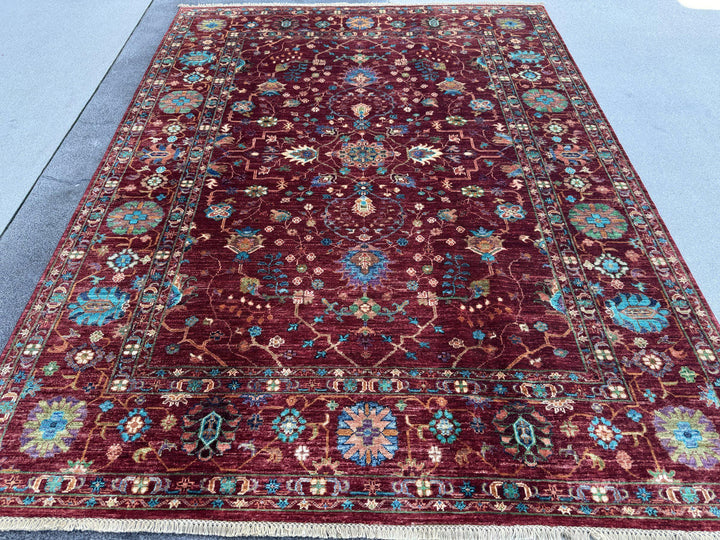 6x8 Handmade Afghan Wool Rug | Crimson Red Floral Area Rug | Turquoise and Ivory Accents | Hand-Knotted Traditional Carpet