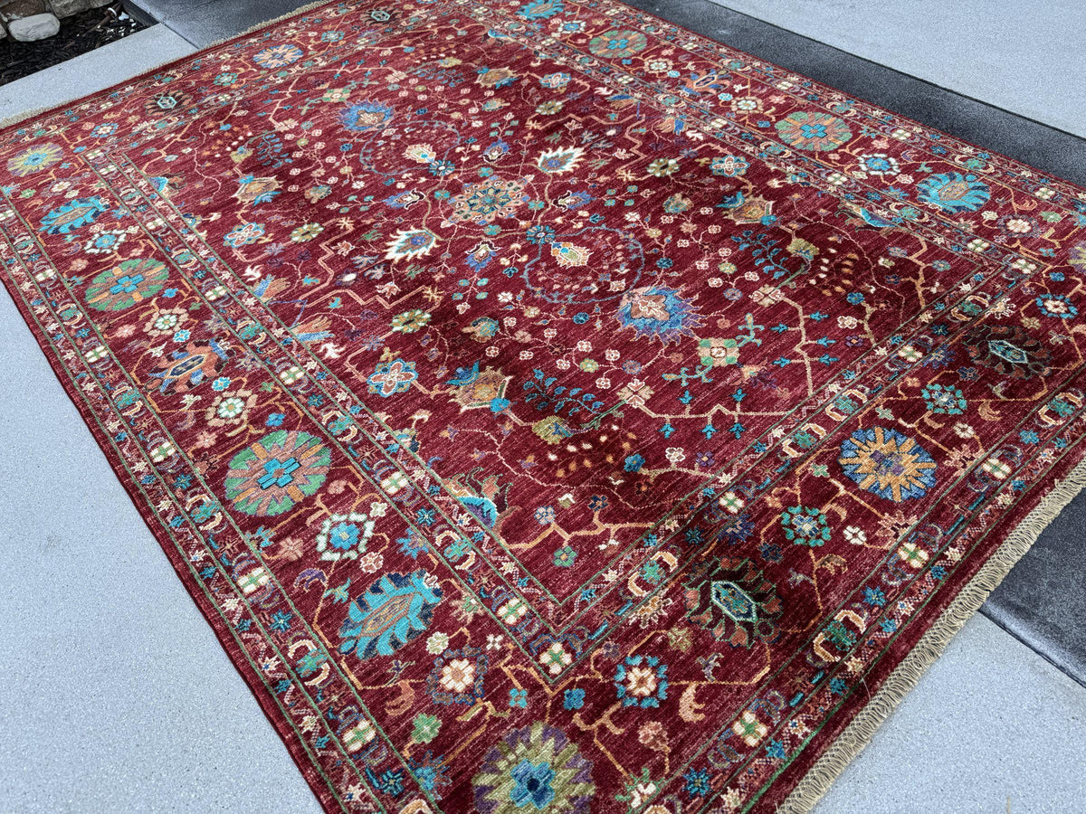 6x8 Handmade Afghan Wool Rug | Crimson Red Floral Area Rug | Turquoise and Ivory Accents | Hand-Knotted Traditional Carpet