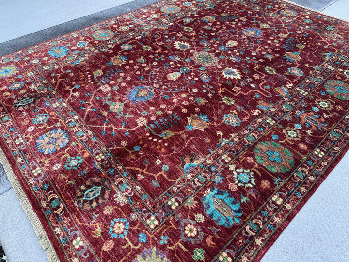 6x8 Handmade Afghan Wool Rug | Crimson Red Floral Area Rug | Turquoise and Ivory Accents | Hand-Knotted Traditional Carpet