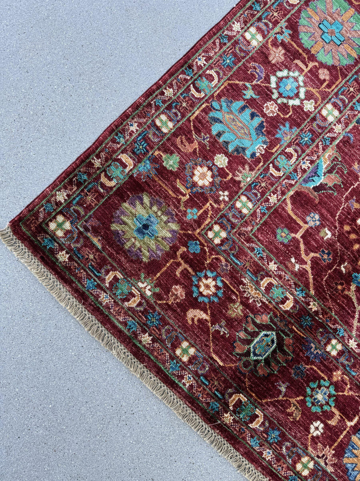 6x8 Handmade Afghan Wool Rug | Crimson Red Floral Area Rug | Turquoise and Ivory Accents | Hand-Knotted Traditional Carpet