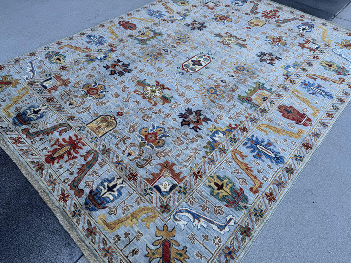 6x8 Handmade Afghan Wool Rug | Light Blue and Ivory Tribal Floral Area Rug | Red and Gold Accents | Hand-Knotted Carpet