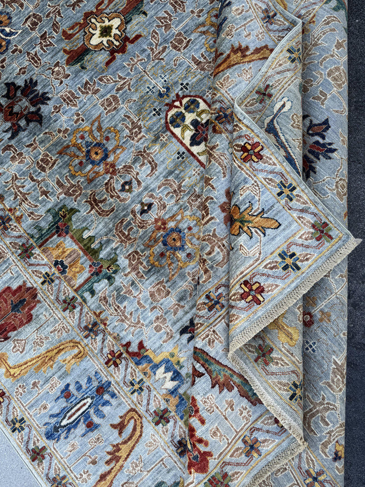 6x8 Handmade Afghan Wool Rug | Light Blue and Ivory Tribal Floral Area Rug | Red and Gold Accents | Hand-Knotted Carpet