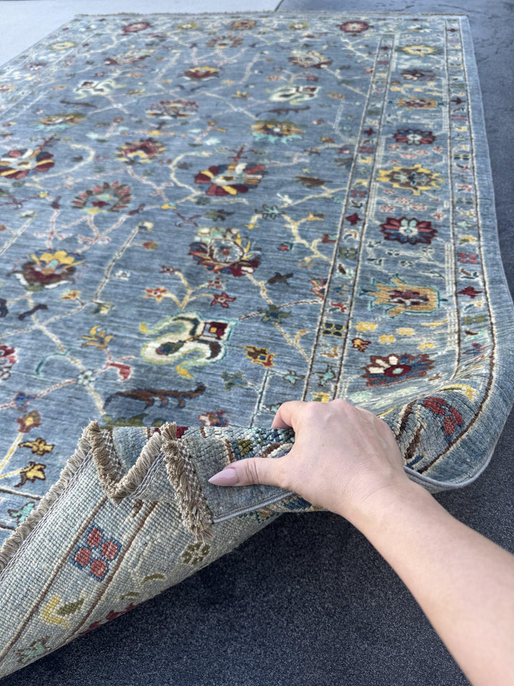 6x8 Handmade Afghan Wool Rug | Steel Blue Floral Oushak Style Area Rug | Burgundy and Gold Accents | Hand-Knotted Carpet