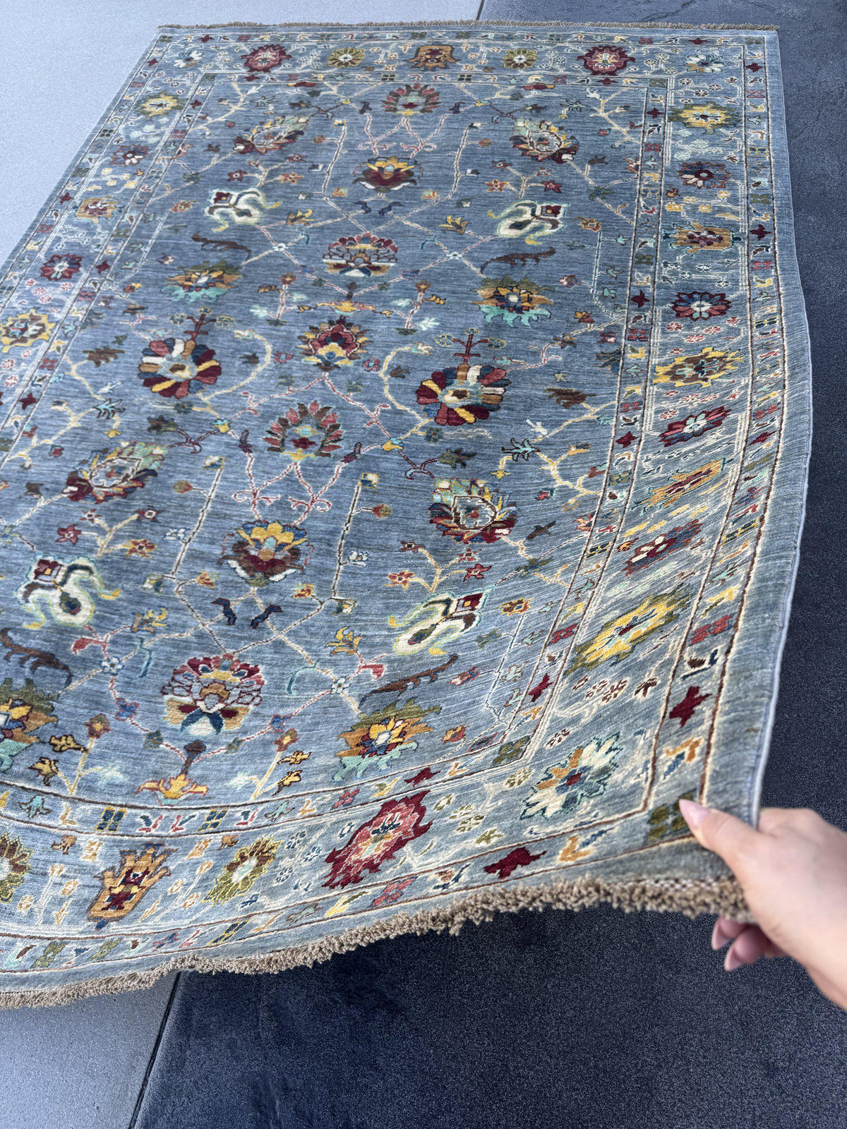 6x8 Handmade Afghan Wool Rug | Steel Blue Floral Oushak Style Area Rug | Burgundy and Gold Accents | Hand-Knotted Carpet