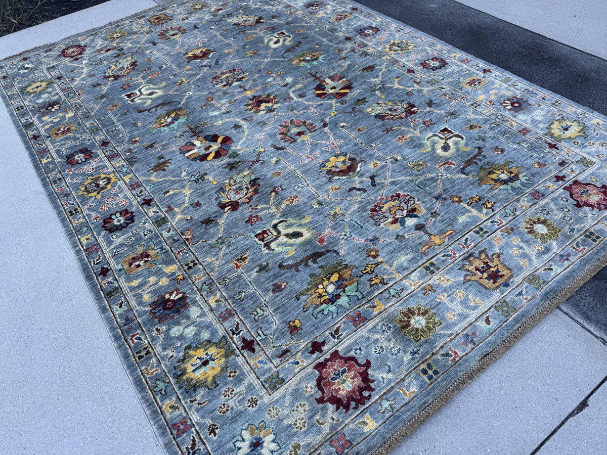 6x8 Handmade Afghan Wool Rug | Steel Blue Floral Oushak Style Area Rug | Burgundy and Gold Accents | Hand-Knotted Carpet